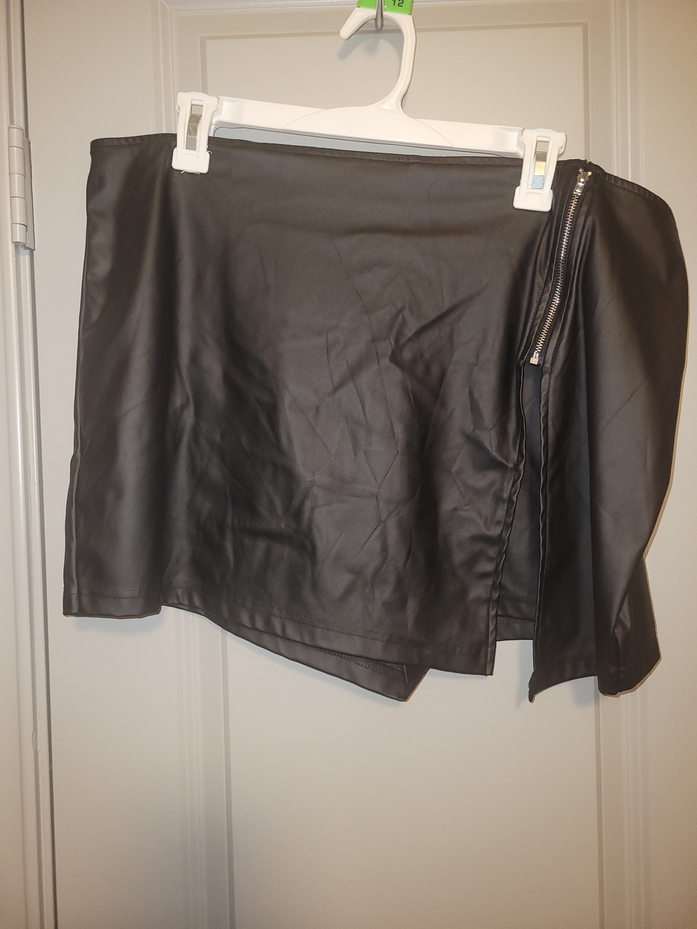 Black Faux Leather Asymmetric Skirt with Side Zip